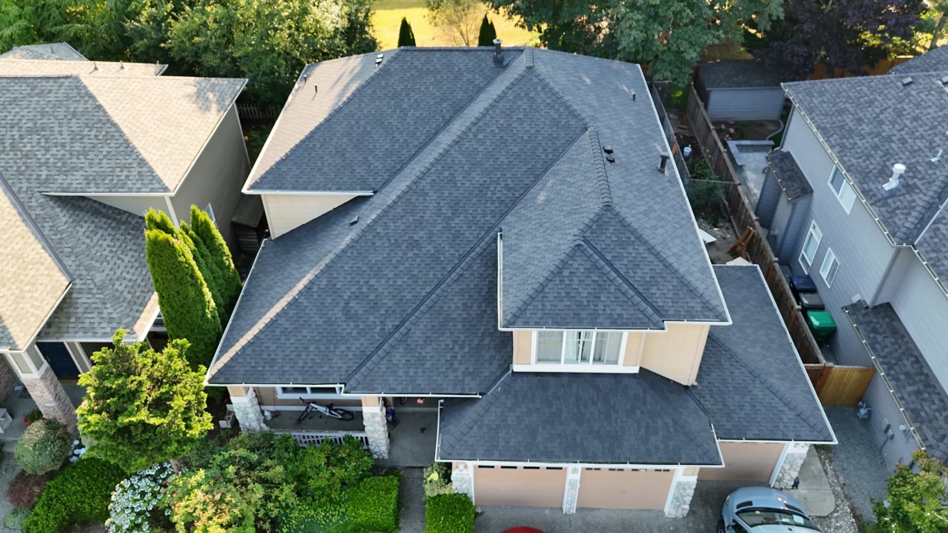 Aerial drone photo of a premium architectural asphalt shingle roof installed by Blitz Roofing LLC