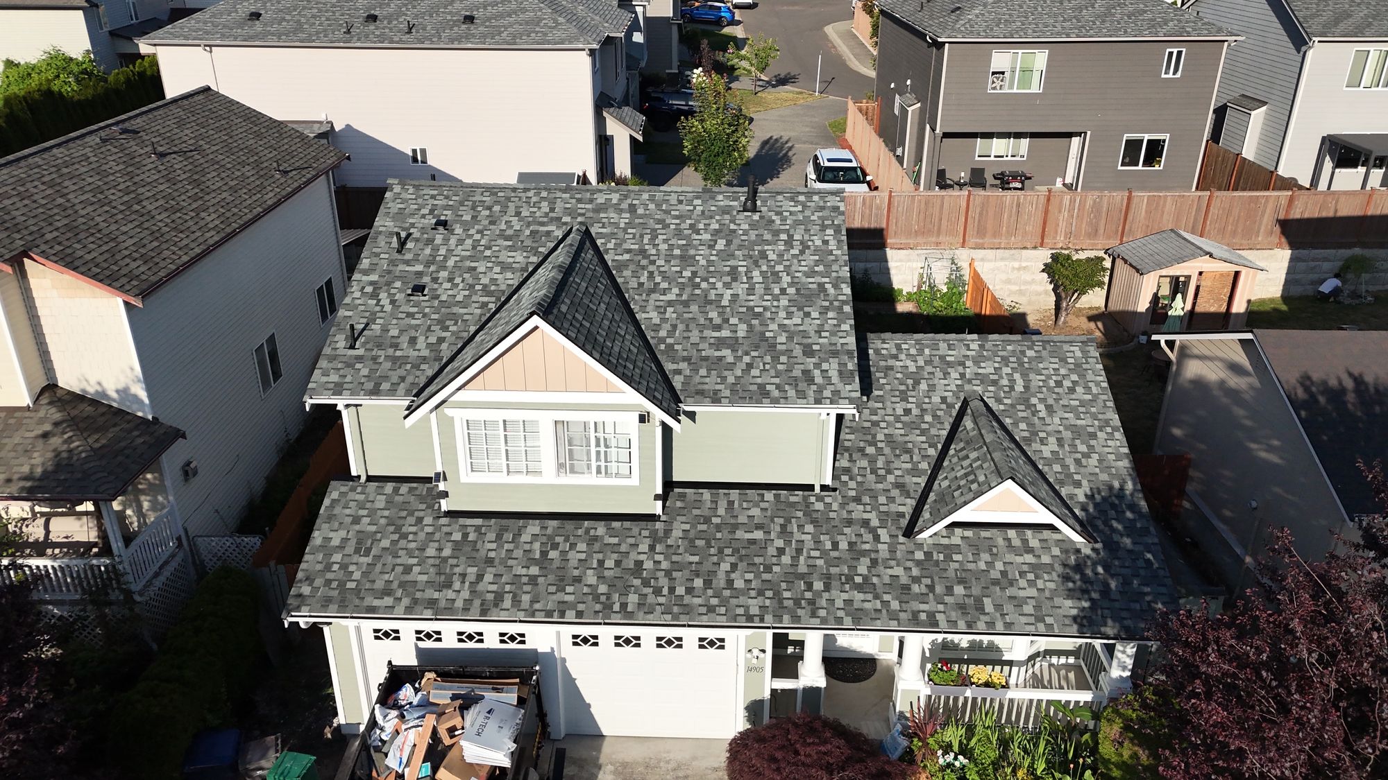 Aerial drone photo of a Blitz Roofing LLC asphalt shingle roof in the Lynnwood, WA area