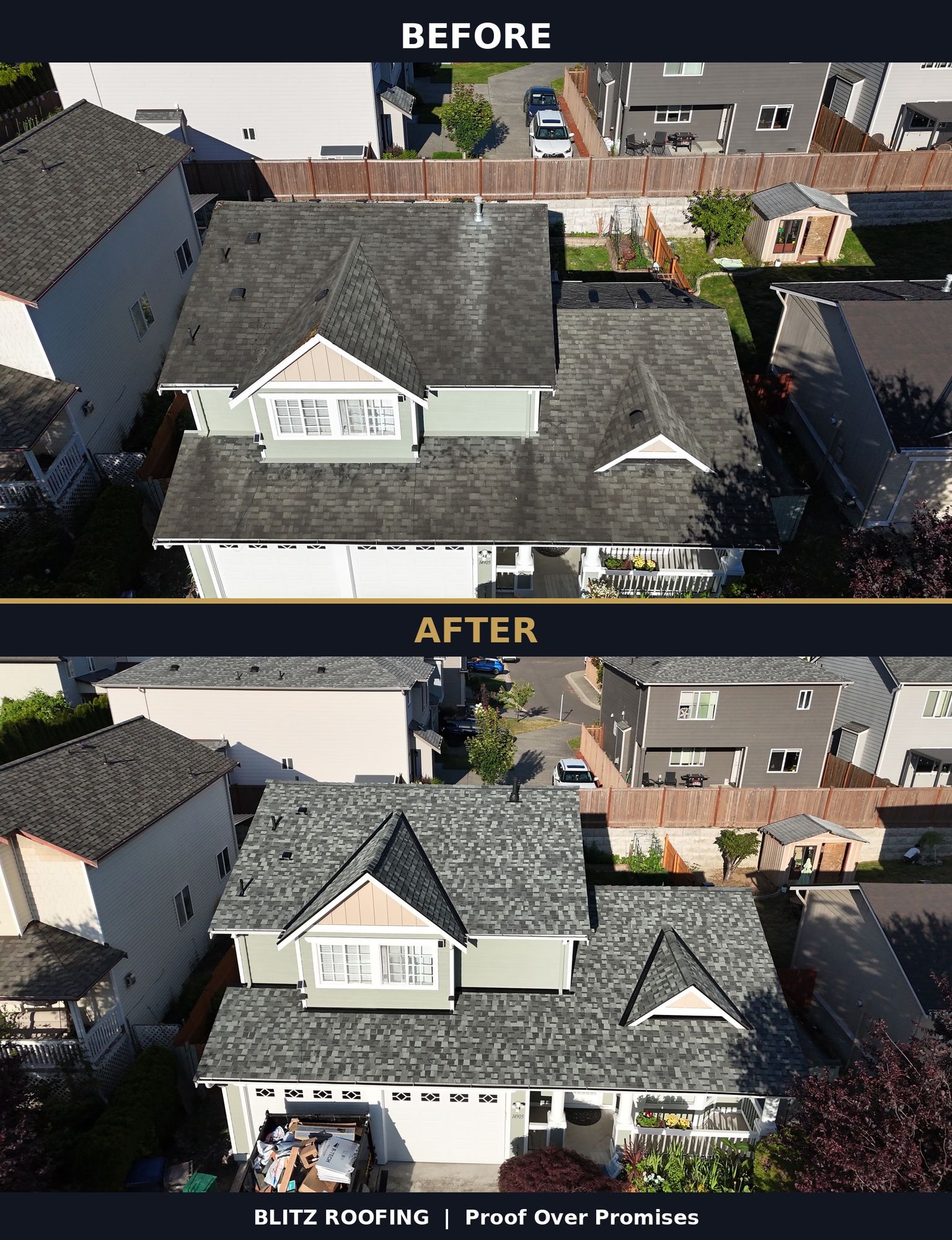Before-and-after aerial comparison of a Blitz Roofing LLC shingle replacement in Lynnwood, WA